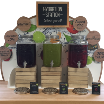 Hydration Station with Yorkshire Dispensers and Hydration Juice from Oranka Juice Solutions